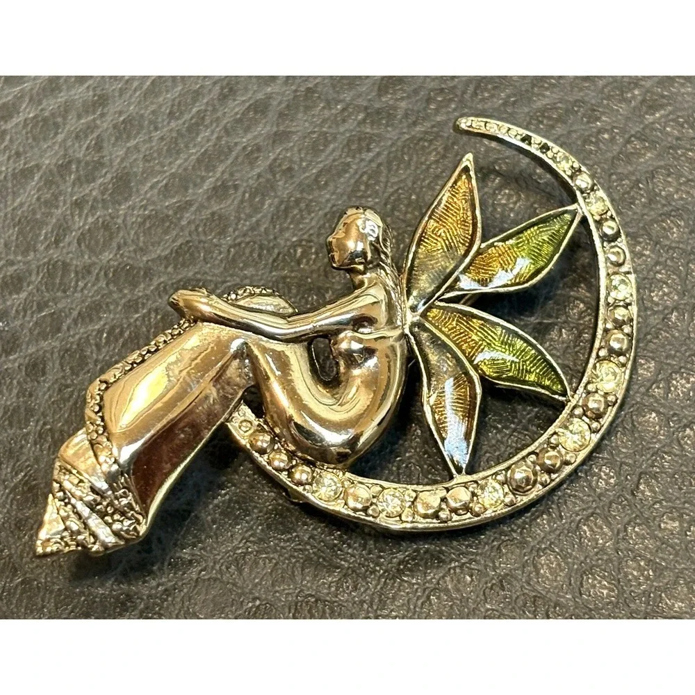 Vintage Brooch Pin Fairy on Crescent Moon Gold Tone Enamel Rhinestone Celestial